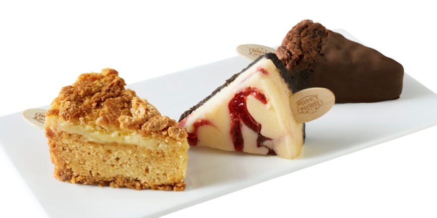 Three desserts on sticks arranged on a white rectangular plate: a crumb-topped golden cake bar, a slice of vanilla cheesecake with red fruit swirls and a chocolate crust, and a chocolate-dipped brownie.