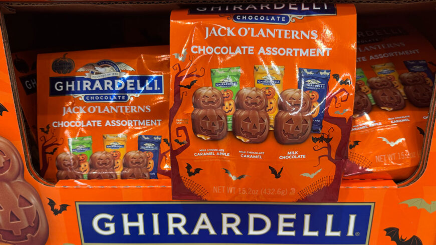 Ghirardelli Jack O’Lanterns chocolate assortment boxes featuring pumpkin-shaped milk chocolates in caramel apple, caramel, and milk chocolate flavors.