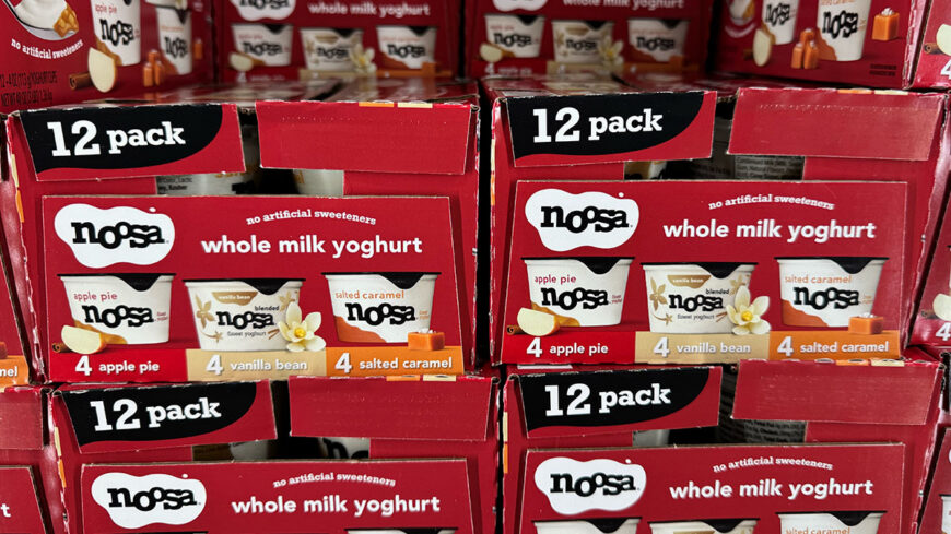 Boxes of Noosa whole milk yogurt variety packs containing apple pie, vanilla bean, and salted caramel flavors.”