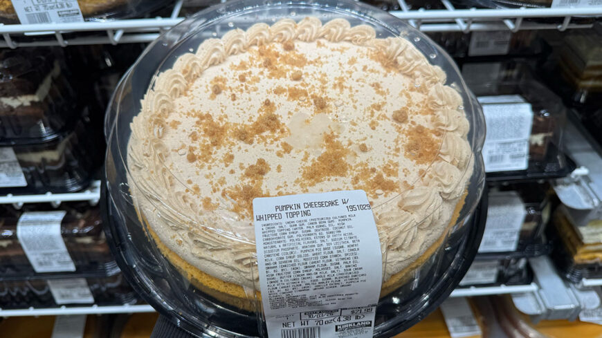 A round packaged pumpkin cheesecake topped with whipped cream around the edge and sprinkled with cookie crumbs.